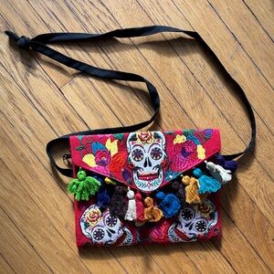 Embroidered Skull Design Crossbody Bag - Multicolor